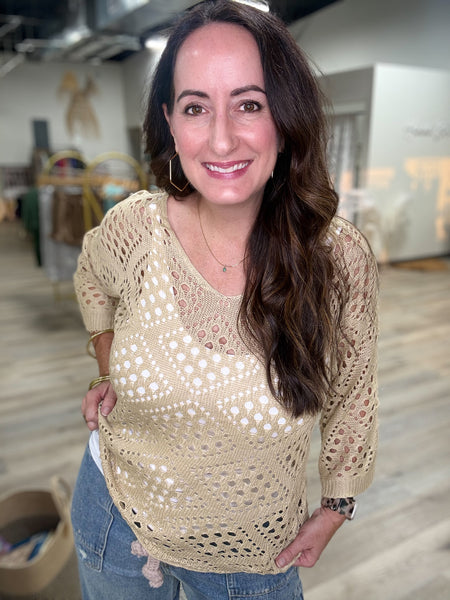 Camel Boho Crochet Knit Sweater