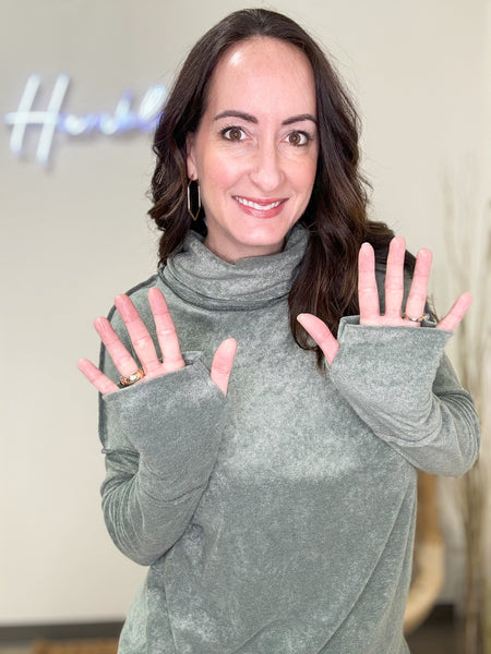 Olive Terry Knit Cowl Neck