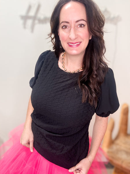 Black Puff Sleeve Square Print Blouse