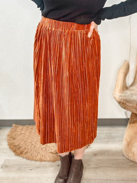 Rust Velvet Pleated Midi Skirt