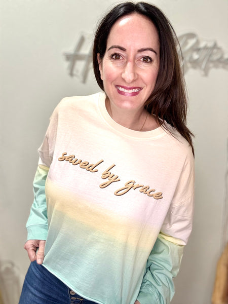 Ombré Saved By Grace Cropped Long Sleeve Top