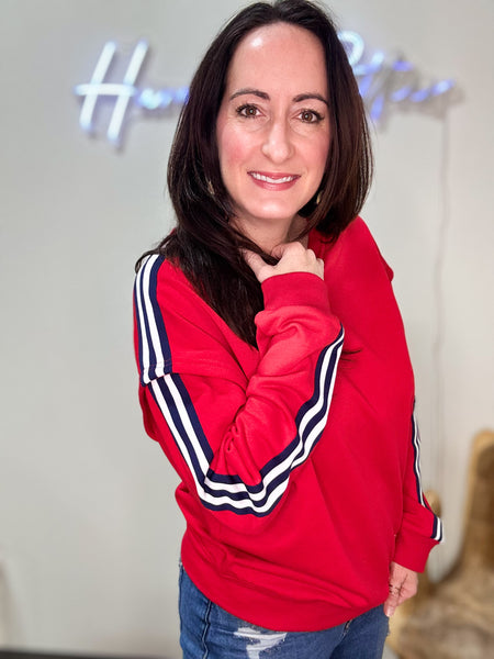 Red Sweatshirt with Navy Blue & White Stripes