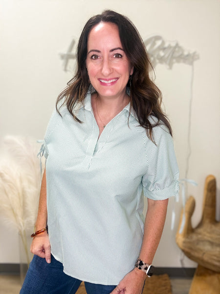 Green Striped Blouse W/ Bow Detail