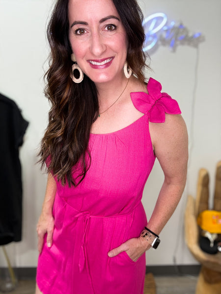 Hot Pink Linen Flower Petal Mini Dress