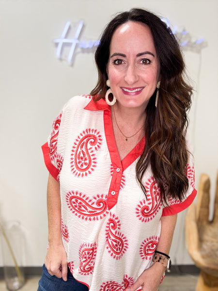 Paisley Print Contrast Trim Blouse