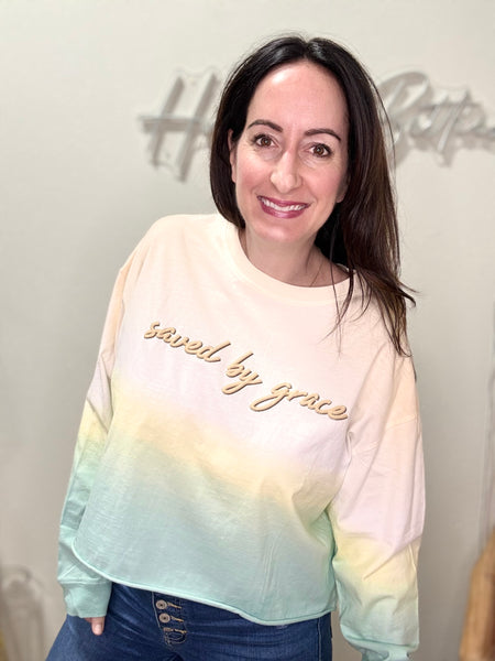 Ombré Saved By Grace Cropped Long Sleeve Top