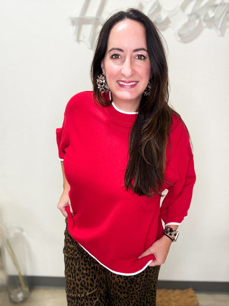 Red Knit Ribbed Hem Top