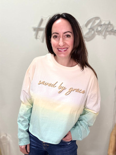 Ombré Saved By Grace Cropped Long Sleeve Top