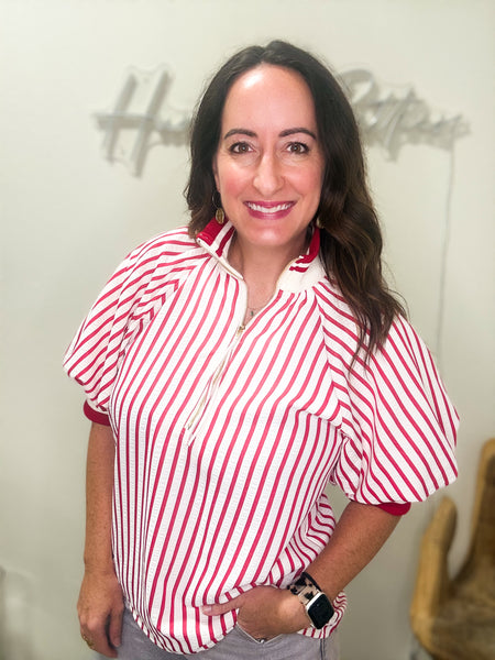 Red Striped Quarter Zip Blouse