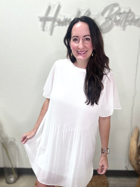 White Pleated Flowy Mini Dress