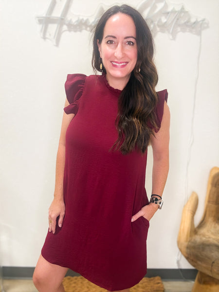 Maroon Airflow Ruffle Sleeve Dress