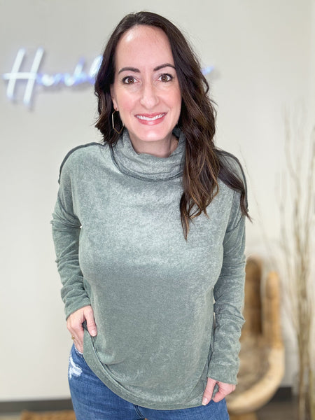 Olive Terry Knit Cowl Neck