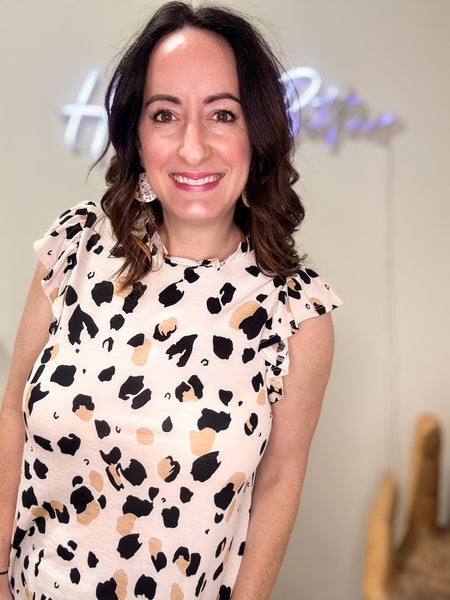 Abstract Ruffle Sleeve Leopard Print Blouse