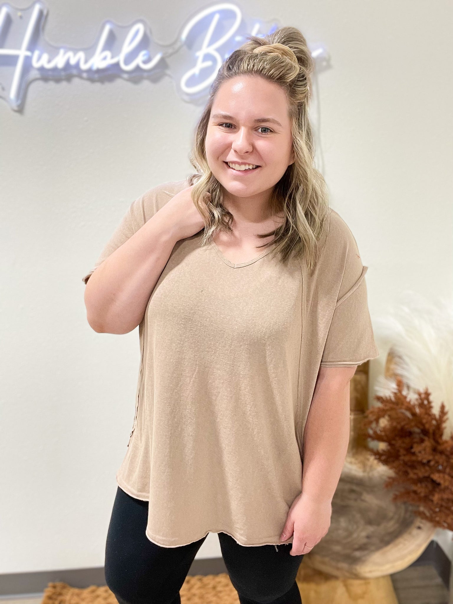 Taupe Slouchy Raw Edge Top