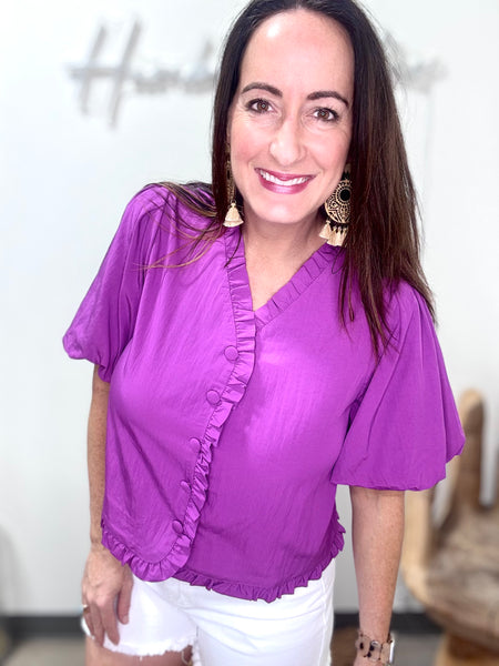 Magenta Puff Sleeve Ruffle Button Blouse