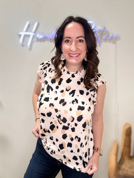 Abstract Ruffle Sleeve Leopard Print Blouse