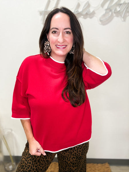 Red Knit Ribbed Hem Top