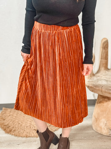 Rust Velvet Pleated Midi Skirt