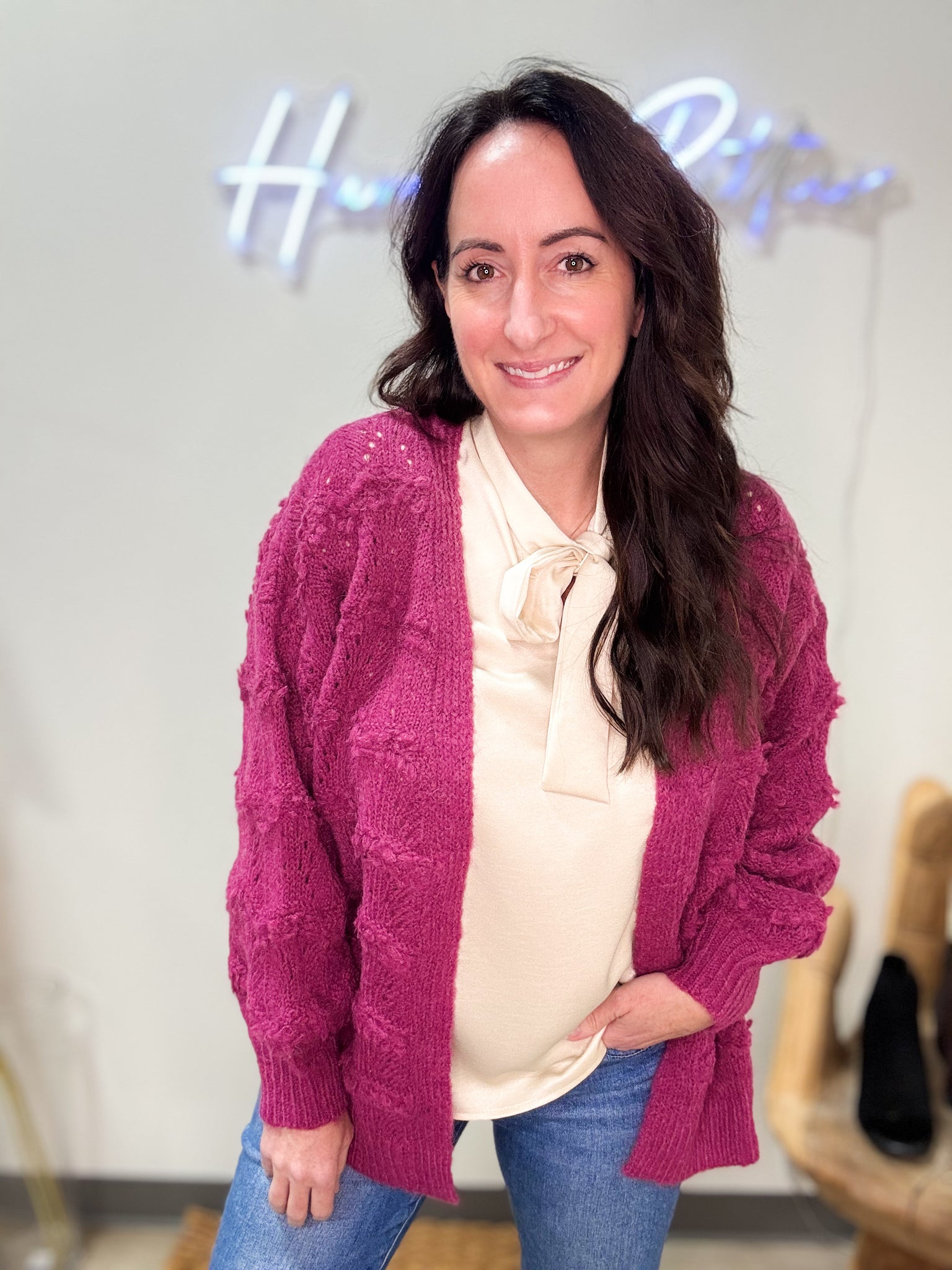 Magenta Scalloped Knit Cardigan