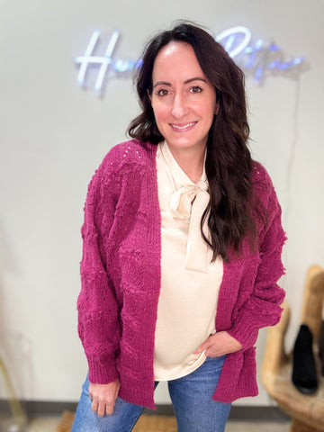 Magenta Scalloped Knit Cardigan