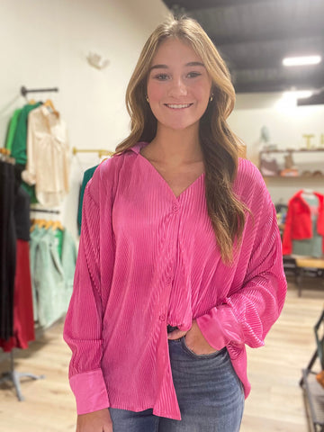 Hot Pink Pleated Satin Top