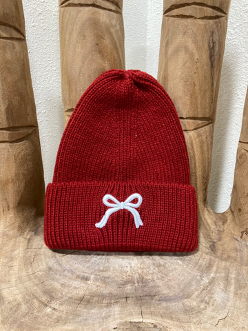 Red Knitted Beanie with White Bow