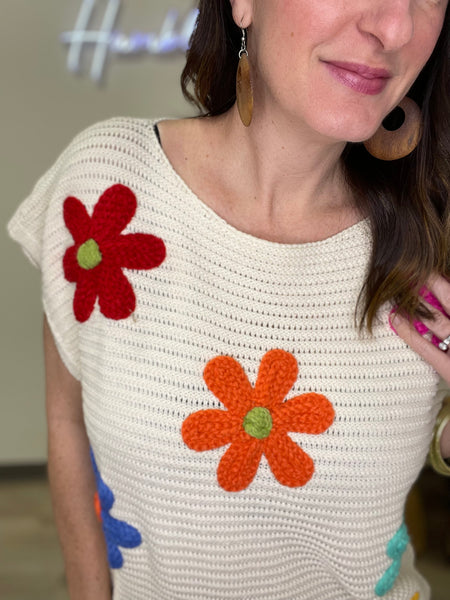 Crochet Knit Flower Embroidered Top