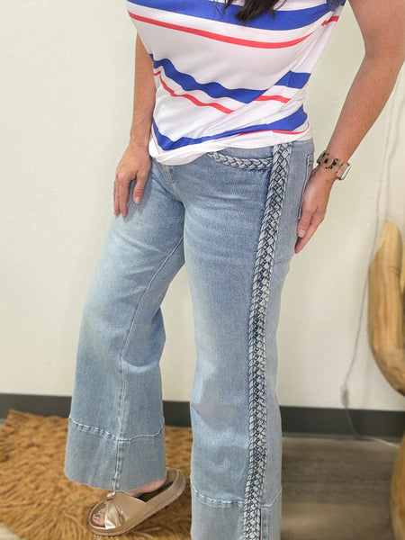 Braided Trim LW Wide Leg Flare Denim