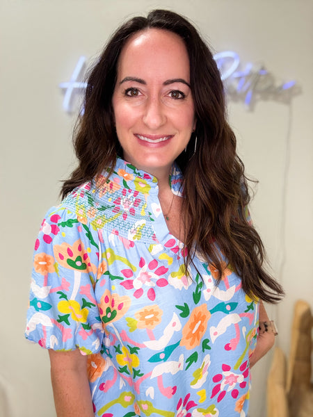 Blue Abstract Floral Puff Sleeve Blouse
