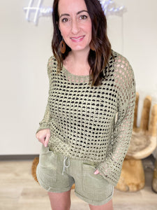 Olive Crochet Knit Pullover