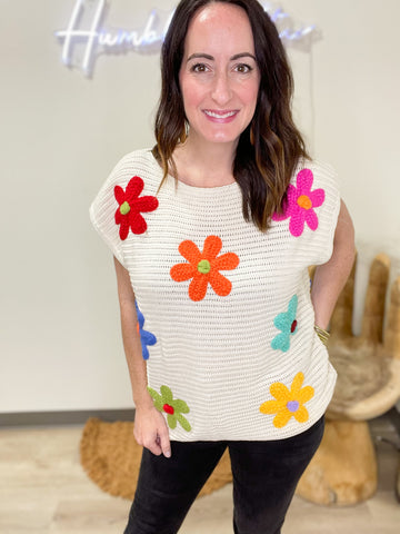 Crochet Knit Flower Embroidered Top