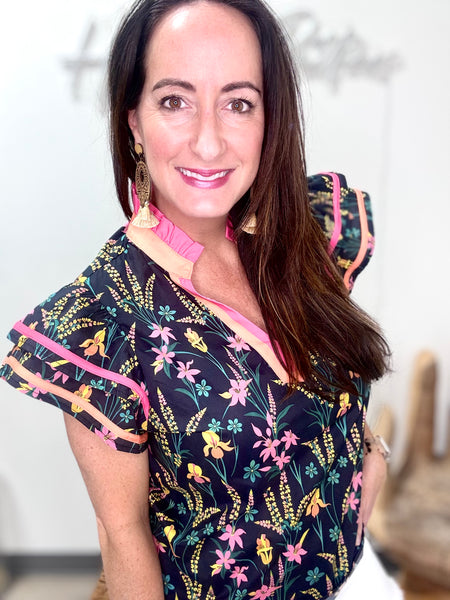 Flutter Sleeve Floral Contrast Stripe Blouse