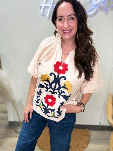 Oatmeal Embroidered Puff Sleeve Blouse