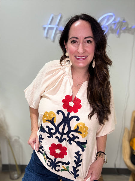 Oatmeal Embroidered Puff Sleeve Blouse