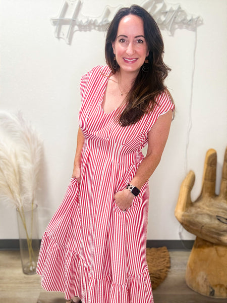 Red & Cream Striped Maxi Dress