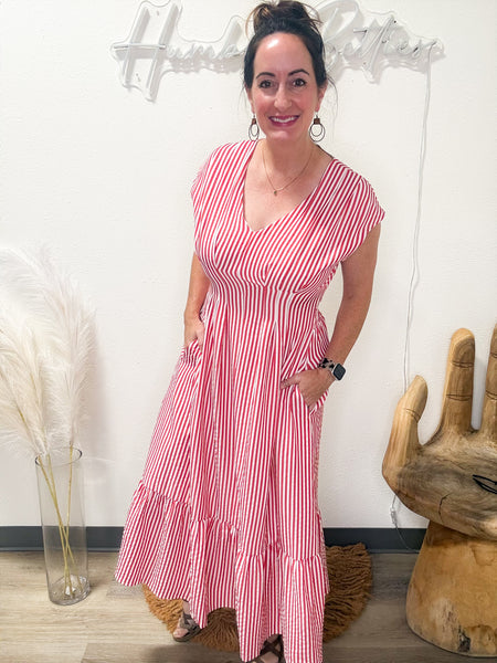 Red & Cream Striped Maxi Dress