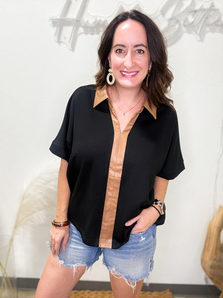 Black Suba Top with Leather Trim