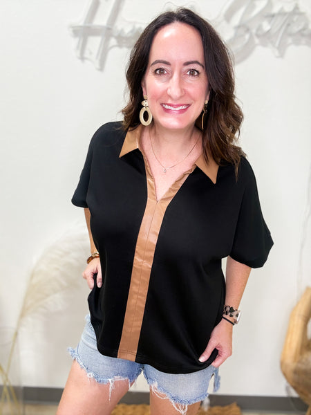 Black Suba Top with Leather Trim