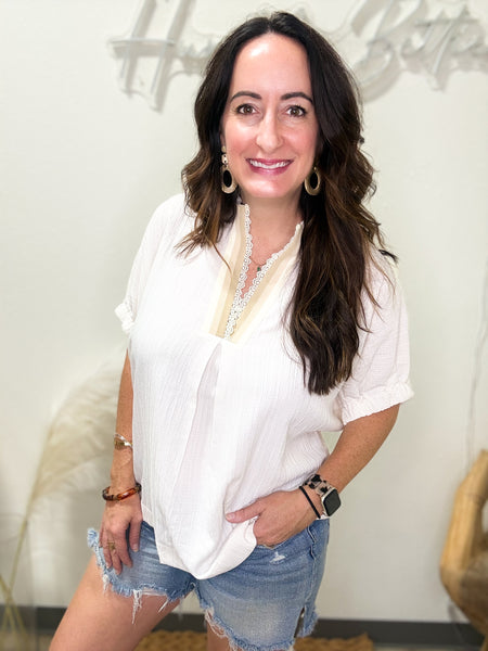 Cream Textured V-Neck Blouse
