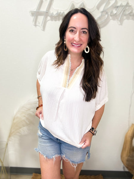 Cream Textured V-Neck Blouse