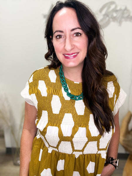Mustard Geo Print Smocked Dress