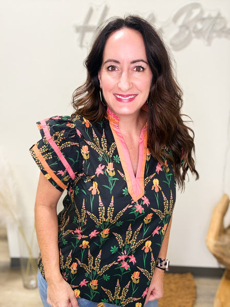 Black Floral Top With Pink and Orange Trim