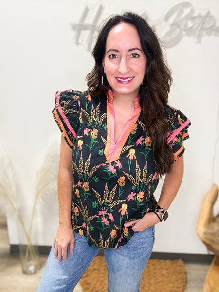 Black Floral Top With Pink and Orange Trim