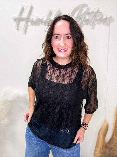 Black Floral Boxy Mesh Top