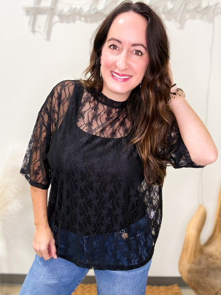 Black Floral Boxy Mesh Top