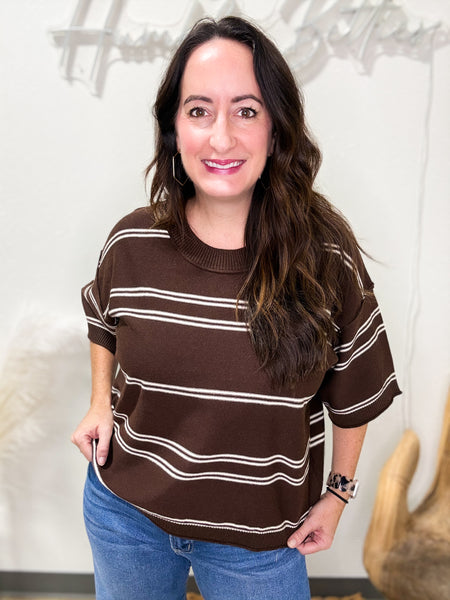Chocolate Cream Striped Short Sleeve Sweater