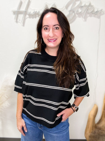 Black Cream Striped Short Sleeve Sweater