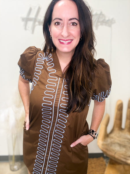 Brown Geo Print Puffed Sleeve Dress