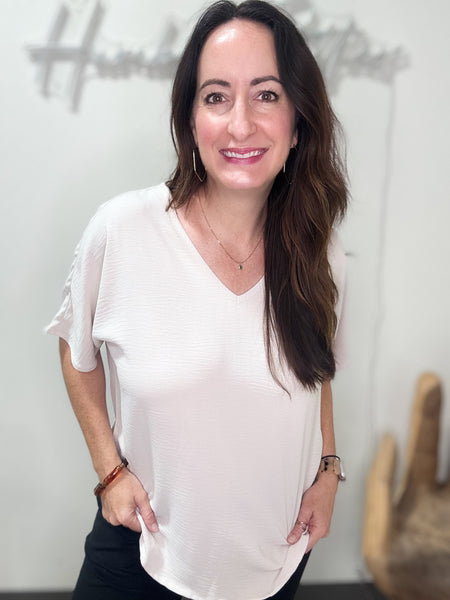 Sand Beige Airflow V-Neck Boxy Blouse