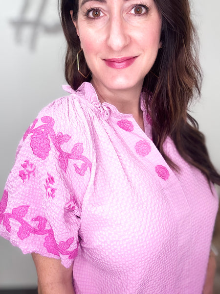Lilac Embroidered Puff Sleeve Blouse